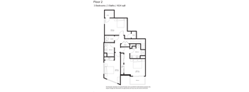 A black and white image of a Floor 2 layout for a 1624 sqft property with 3 bedrooms and 3 bathrooms.