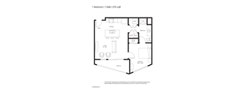 A floor plan of a one bedroom apartment with one bath and a total area of 635 sqft.