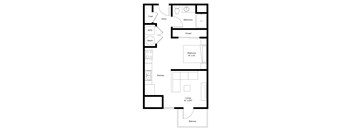 A floor plan of a small apartment with a living room, kitchen, bathroom, bedroom and balcony.