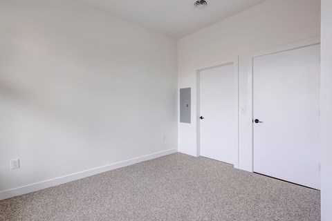 A room with a carpeted floor and two white doors.