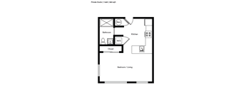 A floor plan of a private studio apartment with 1 bathroom and 1 kitchen.