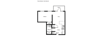 A floor plan of a private 1-bedroom apartment with 1 bath and a living area.