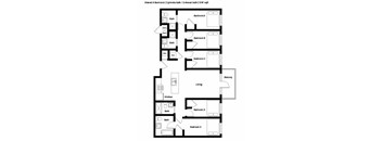 A floor plan of a shared apartment with 5 bedrooms and 2 bathrooms.