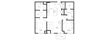 A black and white floor plan of a house with a living room, kitchen, two bathrooms, two closets, two bedrooms, a balcony, and a mech.