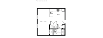 A floor plan of a private studio apartment with 1 bath and 509 sqft.