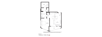 A drawing of a house plan with one bedroom and one bathroom.