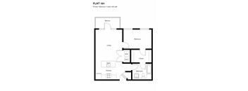 A floor plan of a 1 bedroom apartment with a bathroom and a living room.