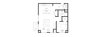 A black and white image of a floor plan for a small apartment.