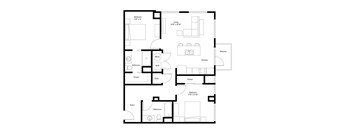 A black and white image of a floor plan for a two bedroom apartment.