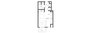 A black and white image of a floor plan for a small apartment.
