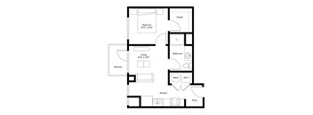 A black and white floor plan of an apartment with a bedroom, living room, kitchen, bathroom, and balcony.