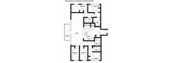 A floor plan of a shared 5-bedroom apartment with two private bathrooms and two shared bathrooms.