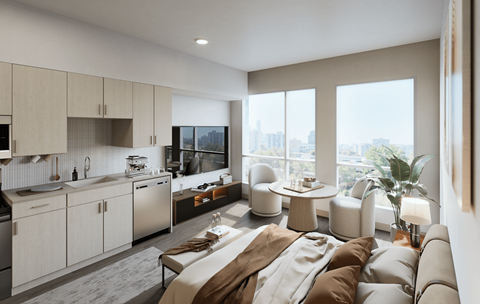 A modern kitchen with a large window overlooking the city.