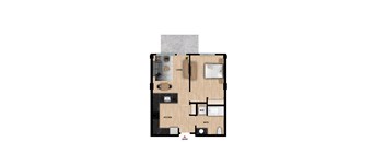 A floor plan of a living space with a kitchen, bathroom, and entry.
