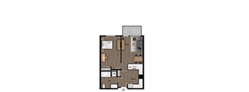 A floor plan of a house with a living room, kitchen, bathroom, and dining area.