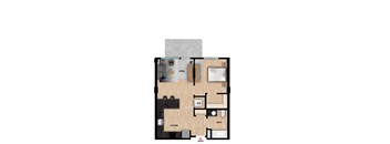 A floor plan of a small apartment with a living room, kitchen, bathroom, and entry.