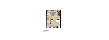 A floor plan of a 1 bedroom apartment.