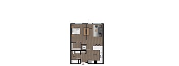 A floor plan of a small apartment with a living room, kitchen, bathroom, and entry.