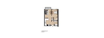 A floor plan of a 1 bedroom apartment with a living room, bathroom, and kitchen.