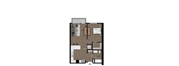 A floor plan of a small apartment with a living room, bedroom, bathroom, and entry.