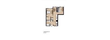 A floor plan of a 1 bedroom apartment sized 700 square feet.