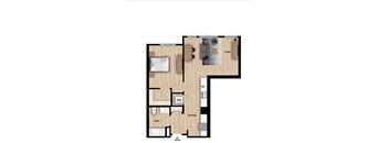 A floor plan of a living space with a kitchen, bathroom, and entry.