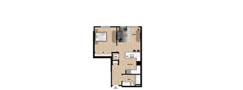A floor plan of a small apartment with a living room, kitchen, bathroom, and entry.