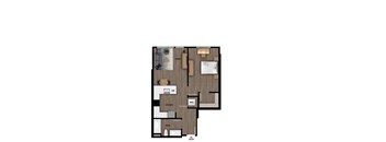 A floor plan of a small apartment with a kitchen, bathroom, and living room.