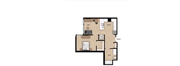 A floor plan of a house with labeled rooms such as living room, kitchen, dining room, bedroom, bathroom, and entry.