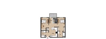 A floor plan of a living space with a kitchen, bathrooms, and an entry.