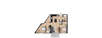 A floor plan of a house with a kitchen, living room, and bathrooms.
