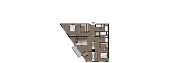 A floor plan of a house with a living room, kitchen, two bathrooms, and a dining area.
