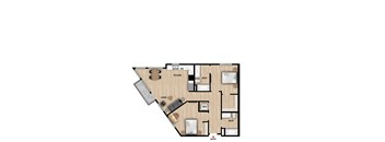 A floor plan of a home with a kitchen, living room, and two bathrooms.