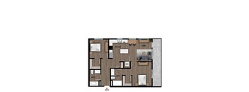A floor plan of an apartment with a living room, kitchen, two bathrooms, and an entry.