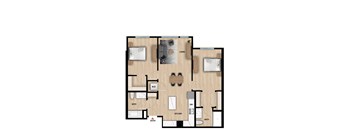 A floor plan of a living space with a kitchen, bathroom, and entry.