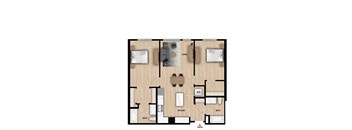 A floor plan of a living space with labeled rooms and furniture.