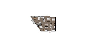 A floor plan of a house with a kitchen, living room, and two bathrooms.