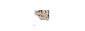 A floor plan of a small apartment with a kitchen, living room, and two bedrooms.