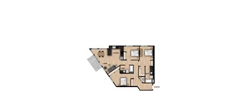 A floor plan of a small apartment with a living room, kitchen, and two bathrooms.