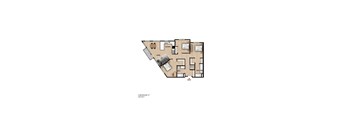 A floor plan of a house with a living room, kitchen, two bedrooms and two bathrooms.