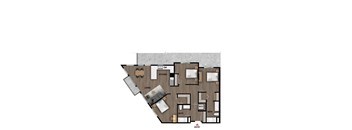 A floor plan of a house with a kitchen, living room, and two bathrooms.