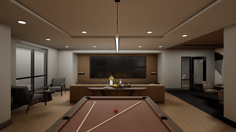 A pool table is in the middle of a room with a fireplace and a couch.