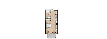 A floor plan of a small apartment with a bathroom, kitchen, and living room.