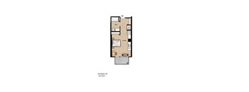 A floor plan of a studio apartment with a kitchen, bathroom, and living room.