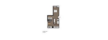 A floor plan of a studio apartment with a kitchen, bathroom, and living room.