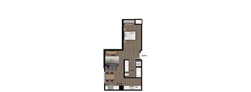 A floor plan of a small apartment with a living room, kitchen, and bathroom.