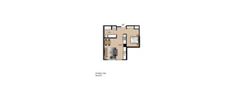 A floor plan of a 569 square foot studio apartment.