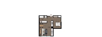 A floor plan of a small apartment with a living room, kitchen, bathroom, and entry way.