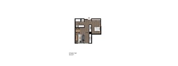 A floor plan of a studio apartment with a kitchen, living room, and bathroom.