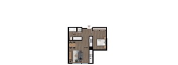 A floor plan of a small apartment with a living room, kitchen, bathroom, and entryway.